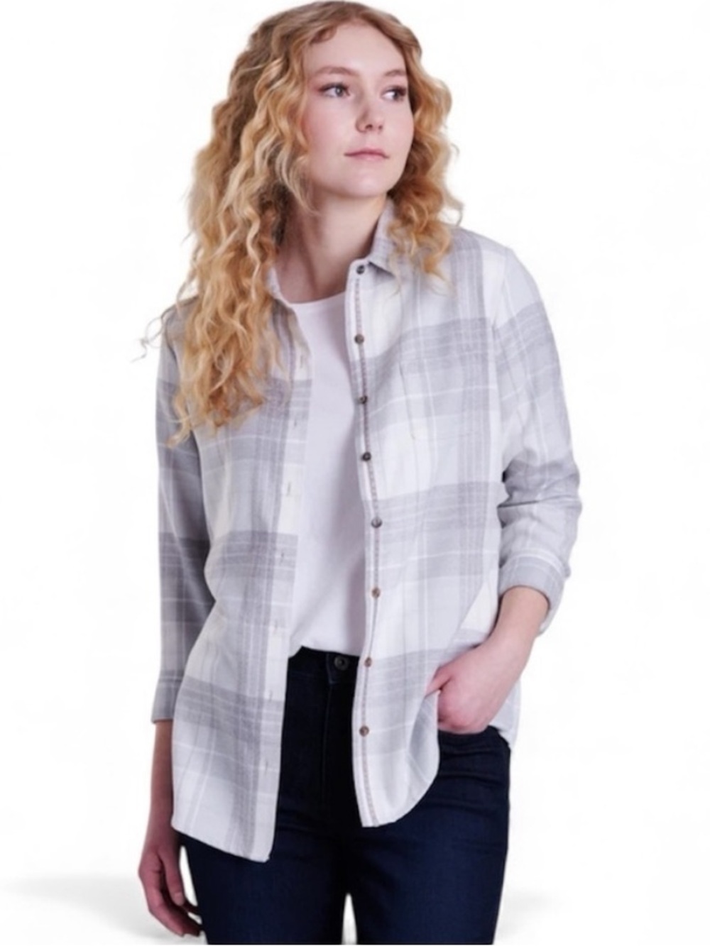KUHL Kamila Flannel Shirt Women’s L Gray White Plaid Velvet Trim Soft